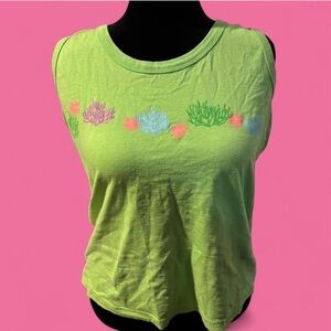 Vibrant Green Sleeveless Top with Coral Design